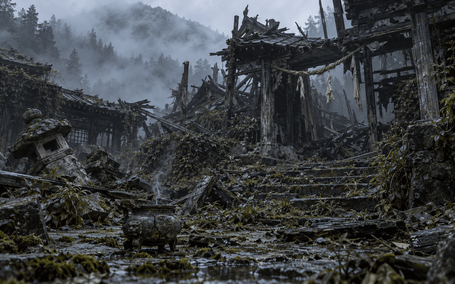 A weathered Japanese shrine in mist with a small incense burner and one stone lantern.
