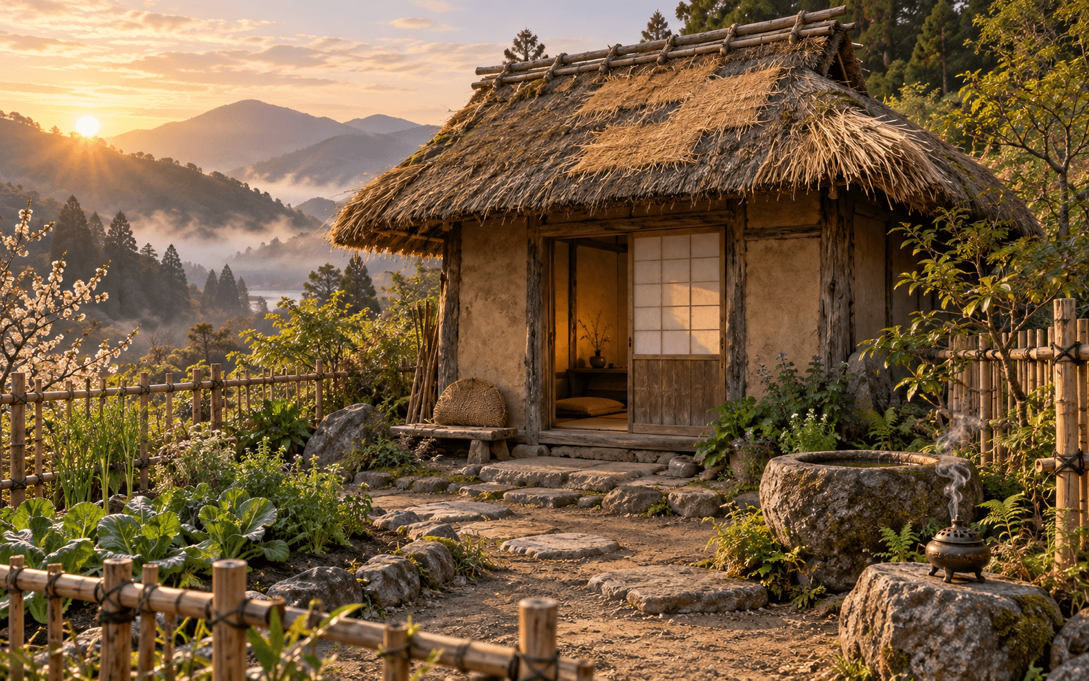 A restored Japanese thatched hermitage with a short stone path and a newly lit lantern.
