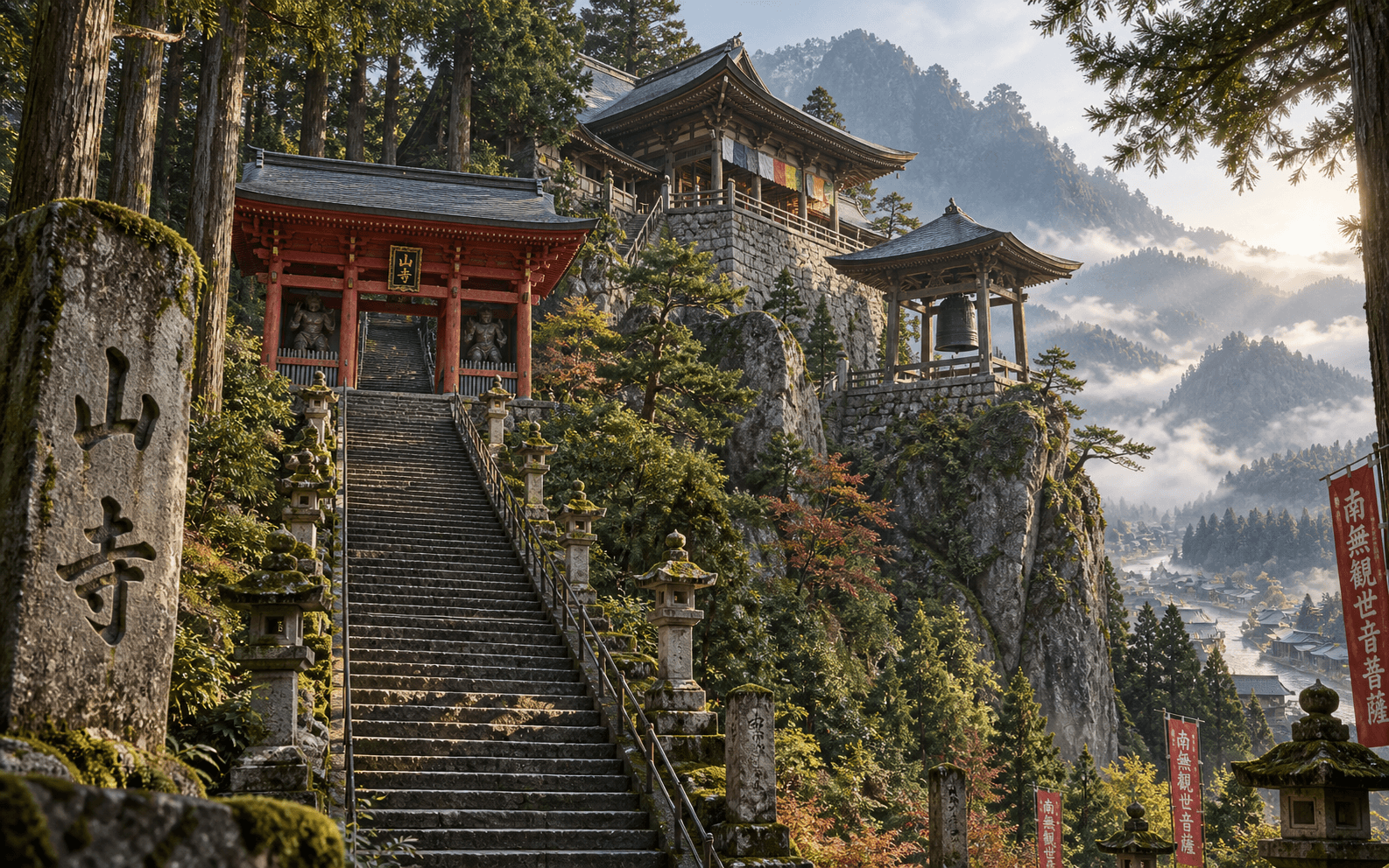 A Japanese mountain temple with a timber hall, bell and pine garden.