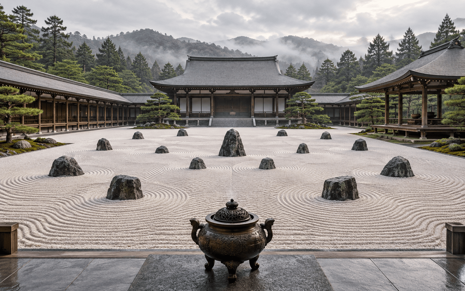 A Japanese Zen monastery with a main hall, covered corridors and a calm garden.