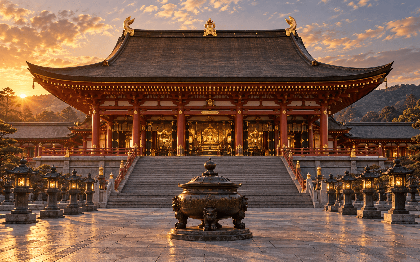 A Japanese golden hall at dusk, surrounded by lanterns and a central incense court.