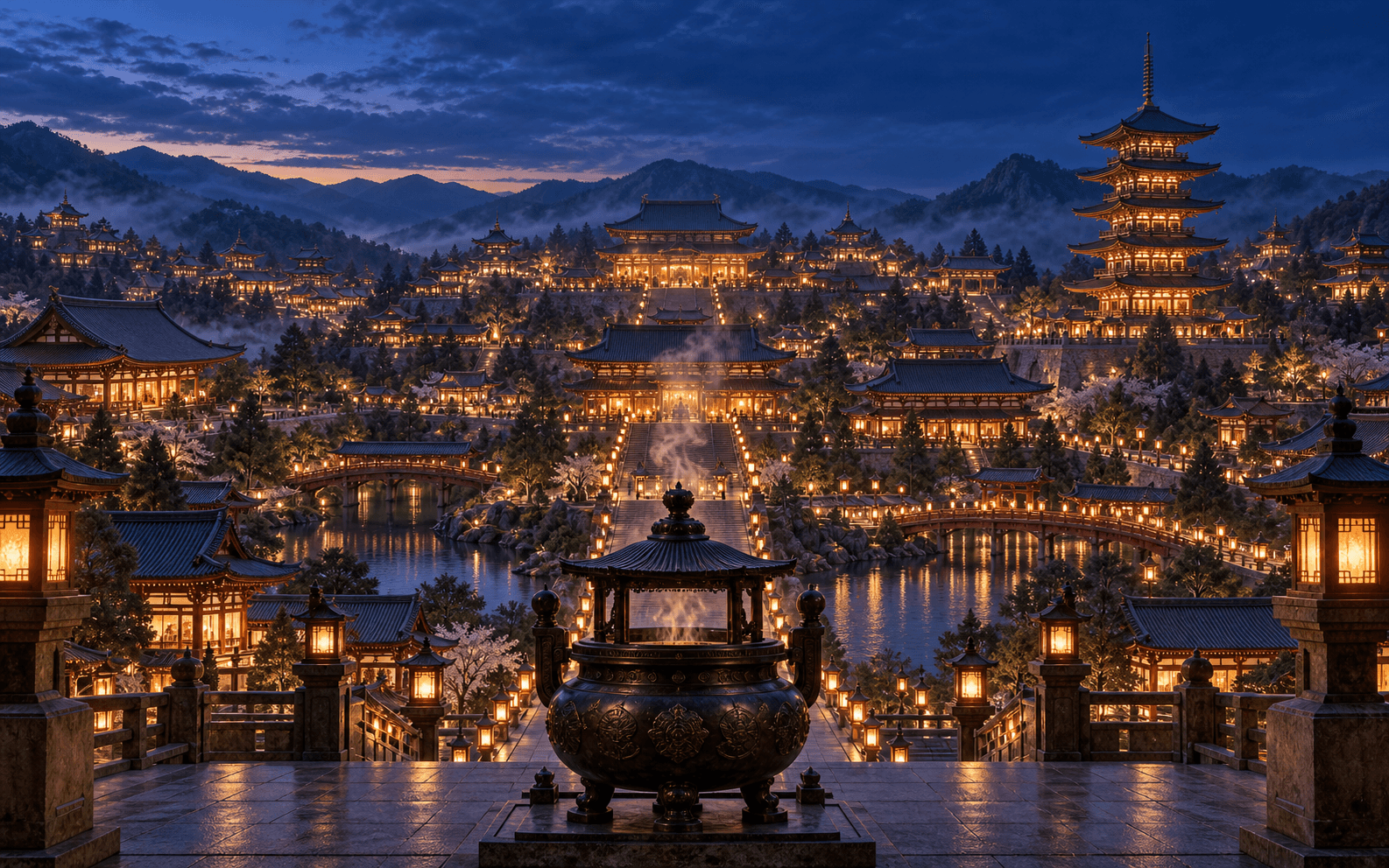 A Japanese temple city at night with connected halls and thousands of lanterns.