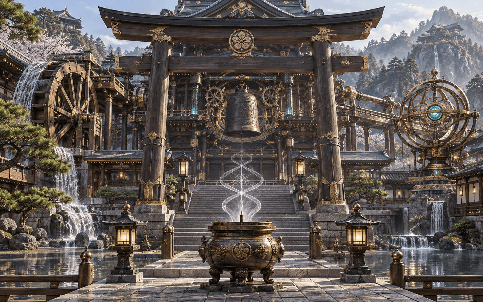 A Japanese shrine with subtle bronze mechanisms and a kinetic bell tower.