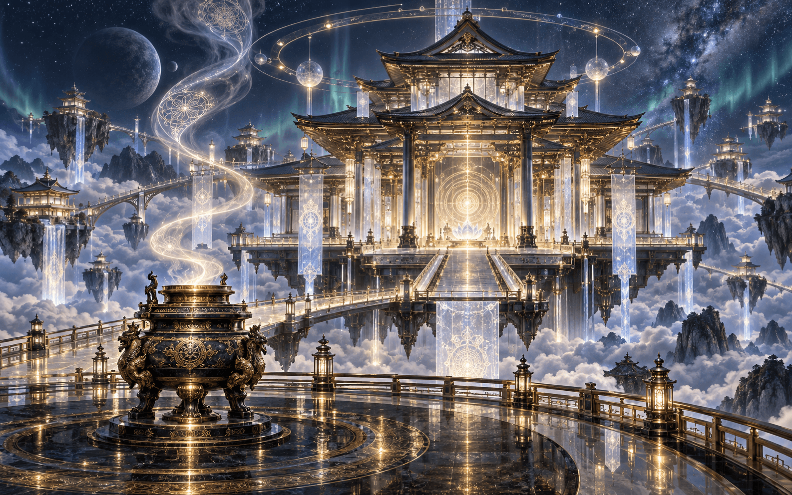 A monumental futuristic Japanese temple under stars with luminous rings and an incense burner.